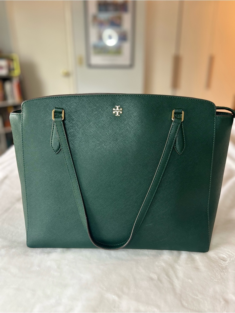 Tory Burch Dark Green Saffiano Leather Large Tote with Gold Hardware.